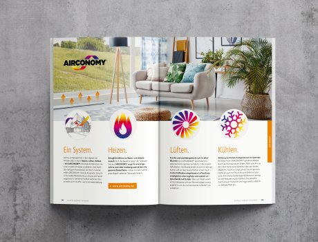 Der modern gestaltete Katalog mit intuitiver Navigation bietet einen kompakten Überblick über sämtliche Produkte und Leistungen von Schütz Energy Systems, wie hier zum Komplettsystem Airconomy für effizientes Heizen, Lüften und Kühlen. 